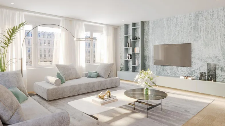 Helles, modernes Wohnzimmer mit bequemen Sofas, einem großen Fernseher und stilvoller Wandgestaltung.
