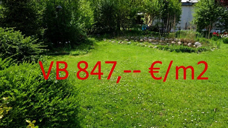 Grüner Garten mit Rasenfläche, Sträuchern und einem kleinen Teich im Hintergrund.