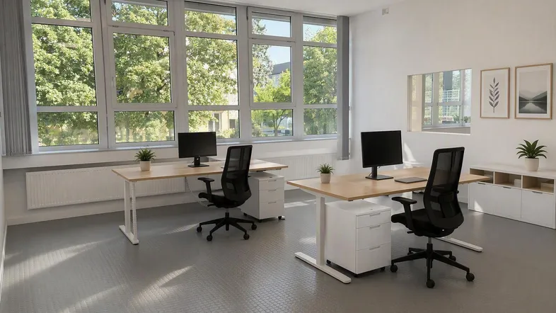Helles und modernes Büro mit zwei Arbeitsplätzen, großen Fenstern und Blick ins Grüne.