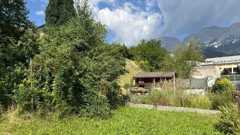 Grüner Gartenbereich mit einem kleinen Holzschuppen und beeindruckendem Bergblick unter bewölktem Himmel.