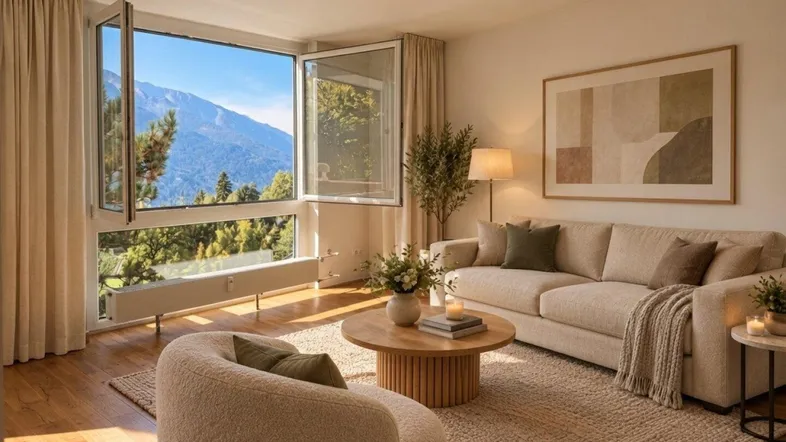 Helles Wohnzimmer mit beigem Sofa, Holzboden und großem Fenster mit Bergblick.