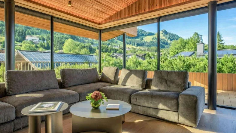 Helles Wohnzimmer mit großen Glasfronten, Holzdach und Panoramablick auf die Berge.