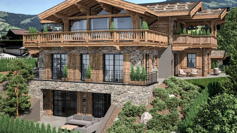 Rendering eines luxuriösen Chalets mit Holz- und Steinfassade, mehreren Balkonen und einer Terrasse mit Bergblick.
