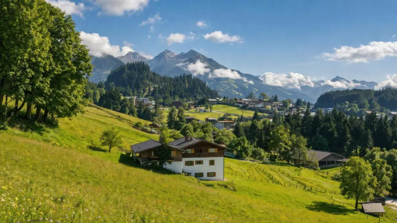Traditionelles Haus auf einem grünen Hügel mit beeindruckendem Bergblick unter blauem Himmel.