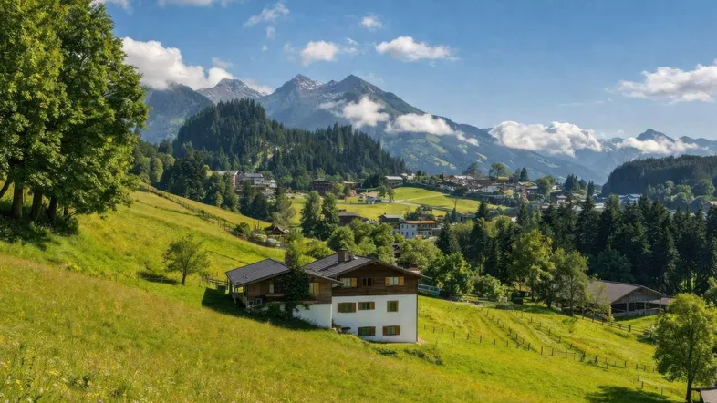Idyllisches Haus auf einem grünen Hügel mit atemberaubendem Bergblick und Dorf im Hintergrund.