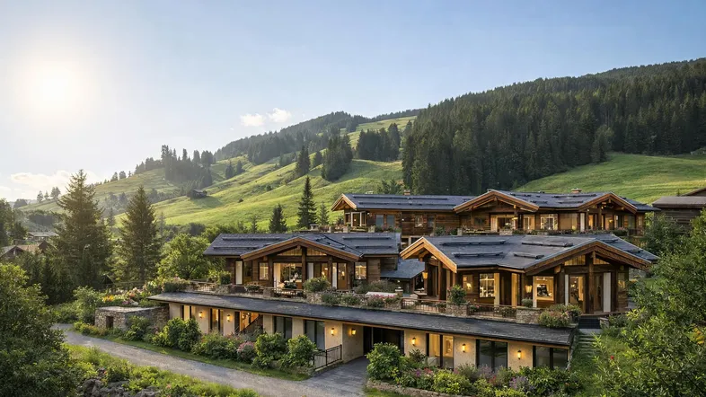 Luxuriöses Chalet-Anwesen in den Bergen mit weitläufiger grüner Landschaft und moderner Architektur.
