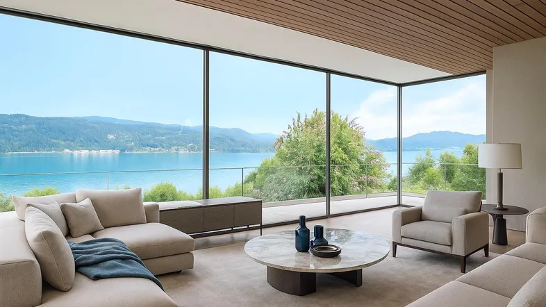Modernes Wohnzimmer mit raumhohen Fenstern, luxuriöser Einrichtung und atemberaubendem Seeblick.