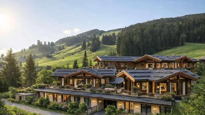 Mehrere luxuriöse Chalets in einer malerischen Berglandschaft mit grünen Hügeln und Wäldern.