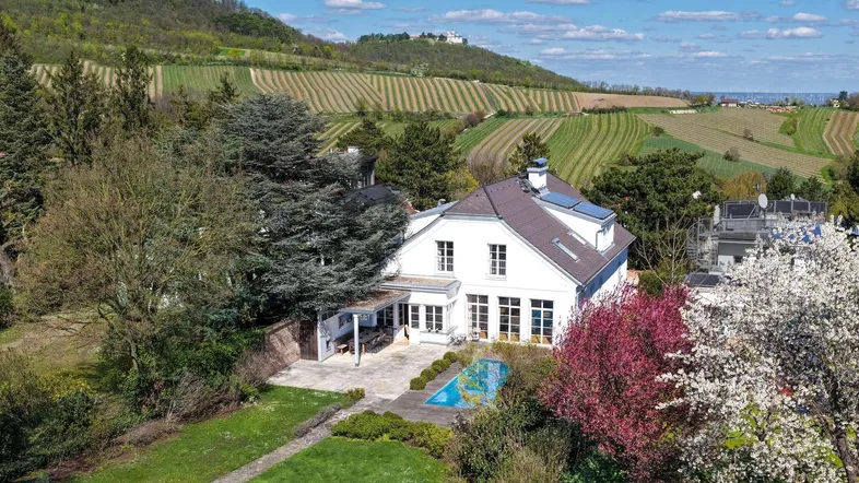 Luftaufnahme einer eleganten Villa mit Pool, weitläufigem Garten und malerischem Blick auf Weinberge.