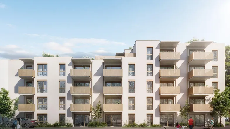 Moderne Wohnanlage mit mehreren Balkonen und klarer Architektur unter blauem Himmel.
