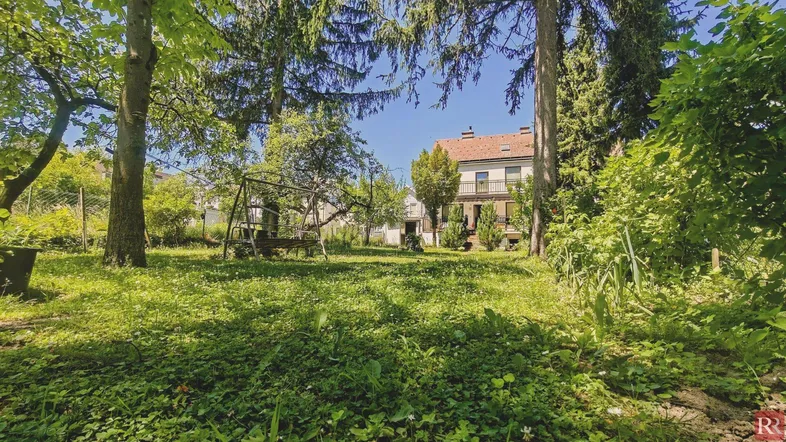 Großer, grüner Garten mit Rasenfläche, Bäumen und einer Schaukel, im Hintergrund ist das Haus sichtbar.