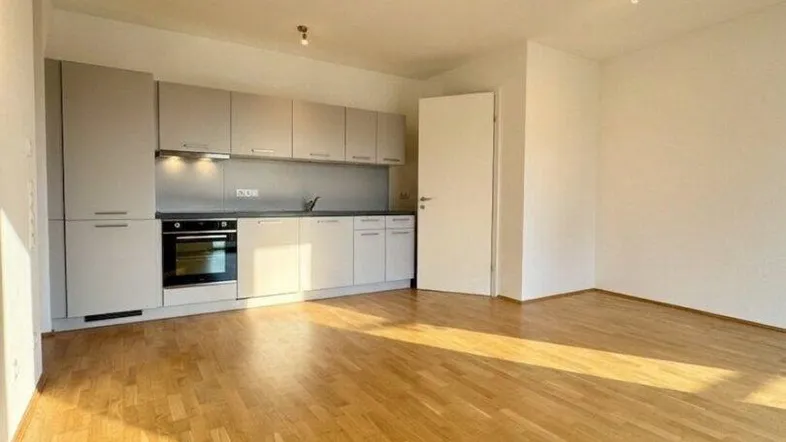 Heller offener Wohnbereich mit integrierter Küche und Parkettboden, ideal für modernes Wohnen.