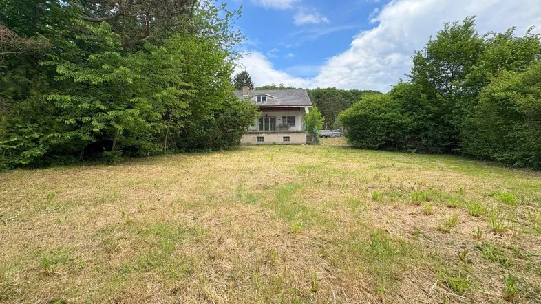 Ländliches Haus umgeben von viel Grün und einem großen, ungemähten Gartenbereich.