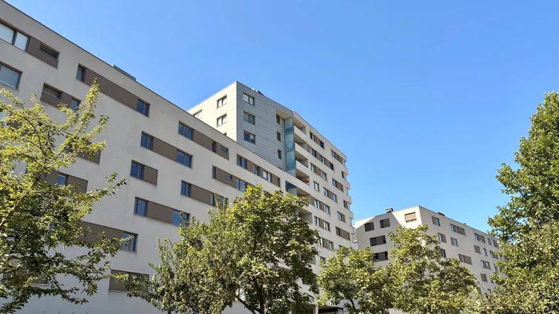 Moderne Wohngebäude mit klaren Linien und viel Grün unter blauem Himmel.