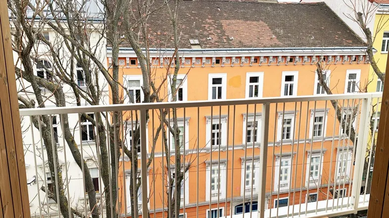 Blick vom Balkon auf die gegenüberliegende historische Fassade und Bäume.