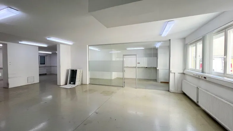 Geräumiger, heller Büroraum mit großen Fenstern und modernen Glasabtrennungen, ideal für flexible Arbeitsbereiche.