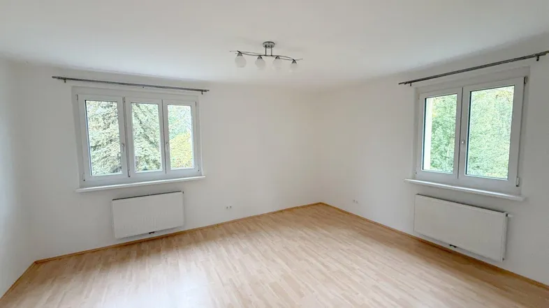 Helles Zimmer mit Laminatboden und zwei Fenstern, die viel Tageslicht hereinlassen.