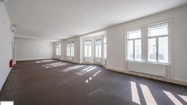 Geräumiger, leerer Büroraum mit großen Fenstern, die viel natürliches Licht hereinlassen und Teppichboden.
