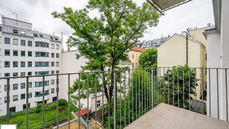 Blick vom Balkon in einen begrünten Innenhof mit hohen Bäumen und umliegenden Gebäuden.