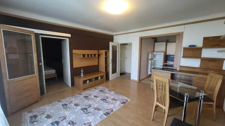 Geräumiger Wohn-Essbereich mit Holzboden, Esstisch und Blick in die angrenzende Küche.