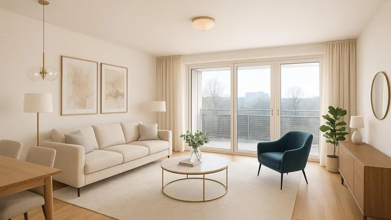 Helles Wohn- und Esszimmer mit modernem Mobiliar, Holzboden und Zugang zu einem Balkon.