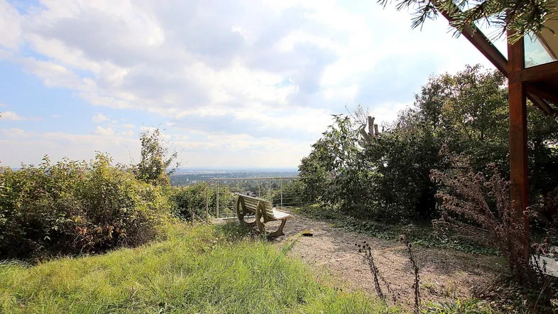 Eine Holzbank in einem grünen Gartenbereich mit weitem Blick über die Landschaft.