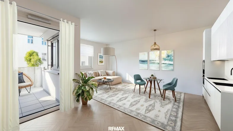 Helles, offenes Wohn-Esszimmer mit modernem Design, Parkettboden und Zugang zu einem Balkon.