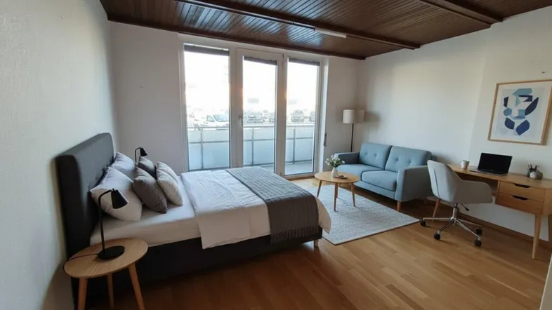 Helles Schlafzimmer mit Holzbalkendecke, Parkettboden und Zugang zum Balkon, modern eingerichtet.