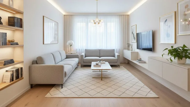 Helles, modernes Wohnzimmer mit beigen Sofas, Holzboden und indirekter Deckenbeleuchtung.