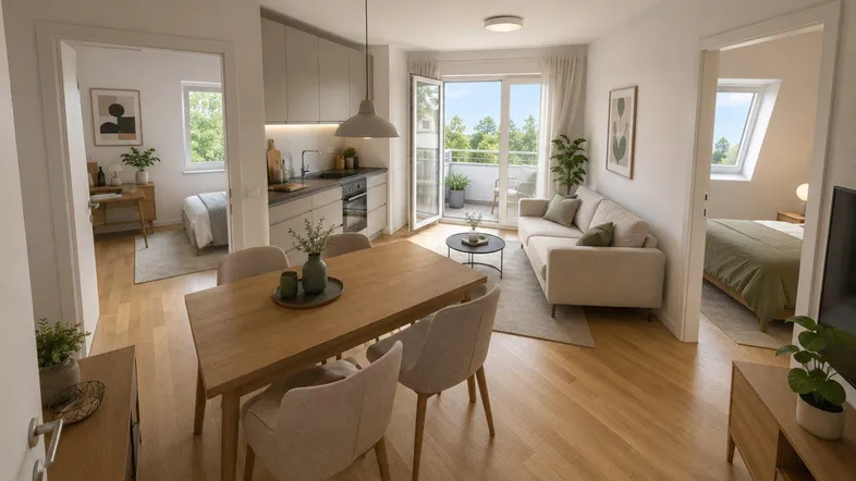Offener Wohn-Essbereich mit integrierter Küche, Parkettboden und Zugang zum Balkon.