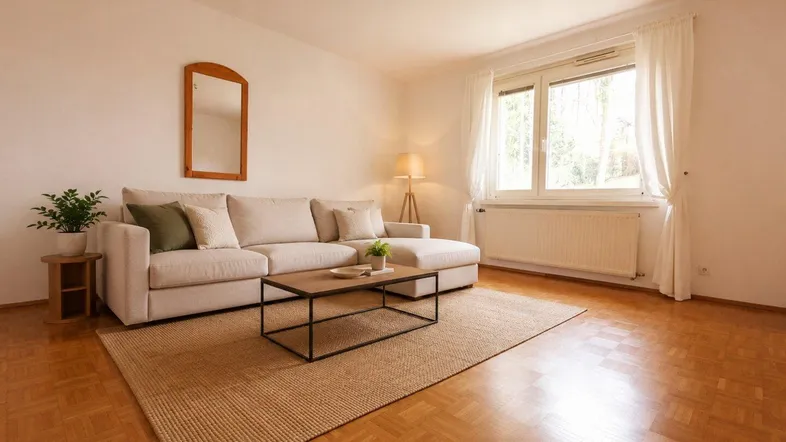 Helles Wohnzimmer mit beigem Sofa, Holzboden und großem Fenster.