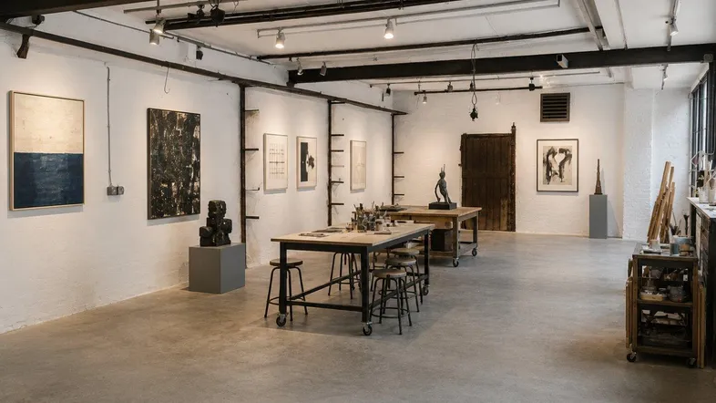 Geräumiger Kunstgalerie- oder Atelierbereich mit hohen Decken, Betonboden und industrieller Beleuchtung.