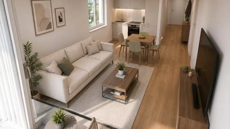Heller offener Wohn-Essbereich mit integrierter Küche, modernem Design und Zugang zum Balkon.