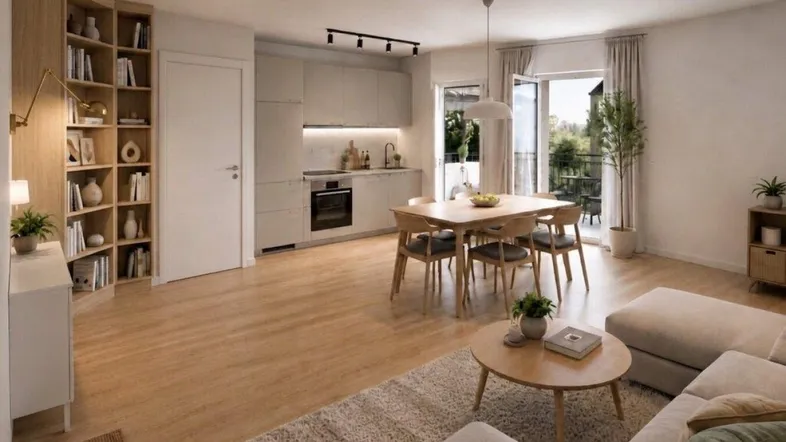 Heller, offener Wohn- und Essbereich mit integrierter Küche, Holzboden und Zugang zum Balkon.