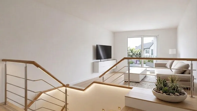 Heller Wohnbereich mit moderner Treppe, großen Fenstern und Zugang zum Garten.
