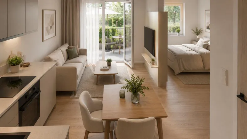 Heller, offener Wohnbereich mit integrierter Küche, Essplatz und Zugang zum Balkon.