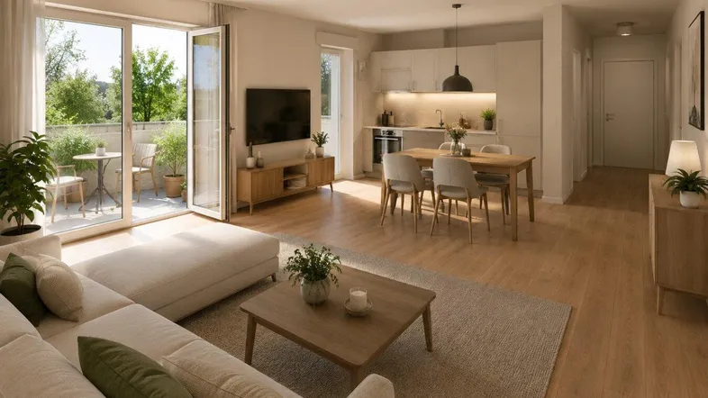 Heller, offener Wohn-Essbereich mit integrierter Küche, Holzboden und Zugang zum Balkon.