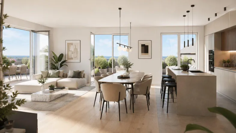 Heller, offener Wohn-Essbereich mit moderner Küche, großen Fenstern und Zugang zur Terrasse.
