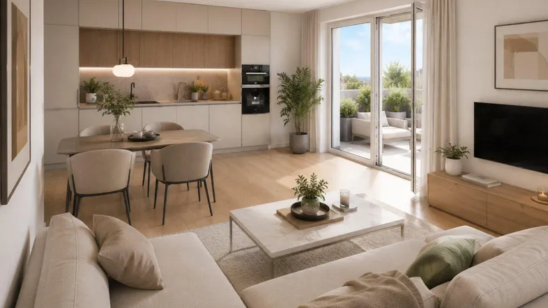 Heller, offener Wohn-Essbereich mit integrierter moderner Küche und Zugang zum Balkon.