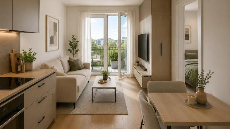 Heller offener Wohnbereich mit integrierter Küche, Essplatz und Zugang zum Balkon.
