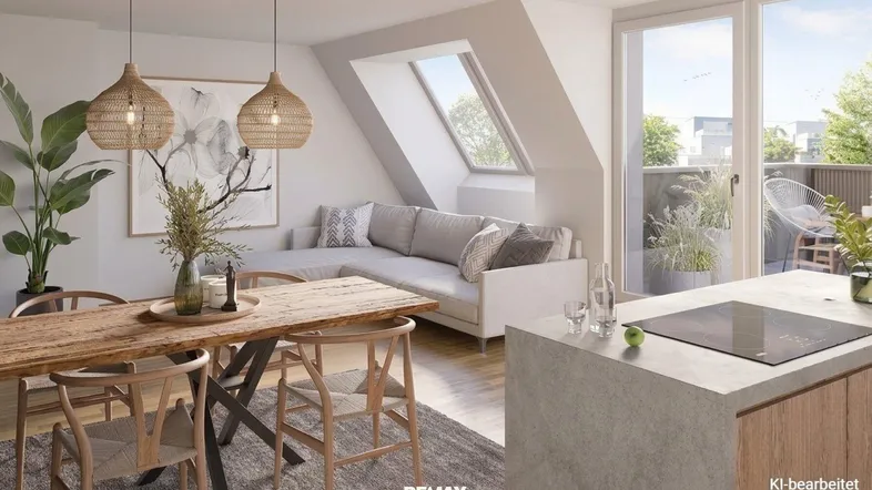 Heller, offener Wohn-Essbereich mit integrierter Küche, Dachfenster und Zugang zum Balkon.