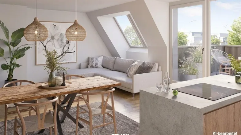 Heller offener Wohn- und Essbereich mit integrierter Küche, Holztisch, gemütlichem Sofa und Zugang zum Balkon.
