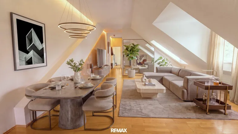 Modernes Dachgeschoss-Wohnzimmer mit Essbereich, Holzboden und stilvoller Beleuchtung.