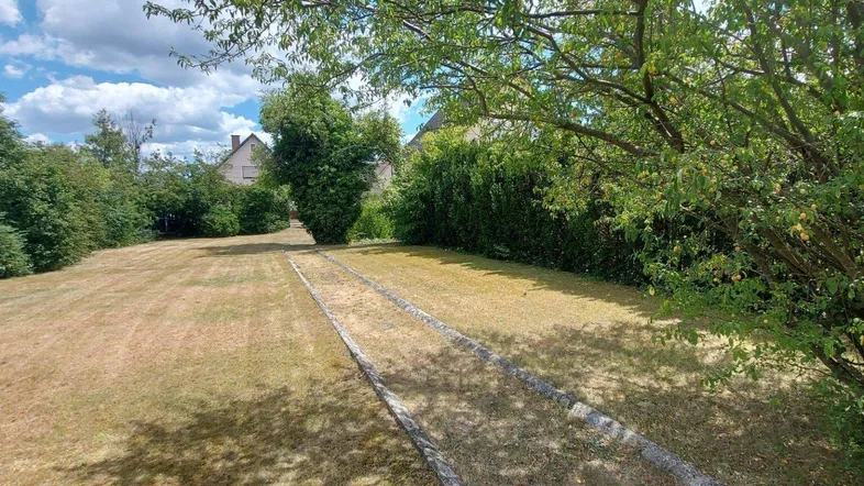 Weitläufiger Gartenbereich mit trockenem Rasen, umgeben von Bäumen und Sträuchern, mit einem Pfad in der Mitte.
