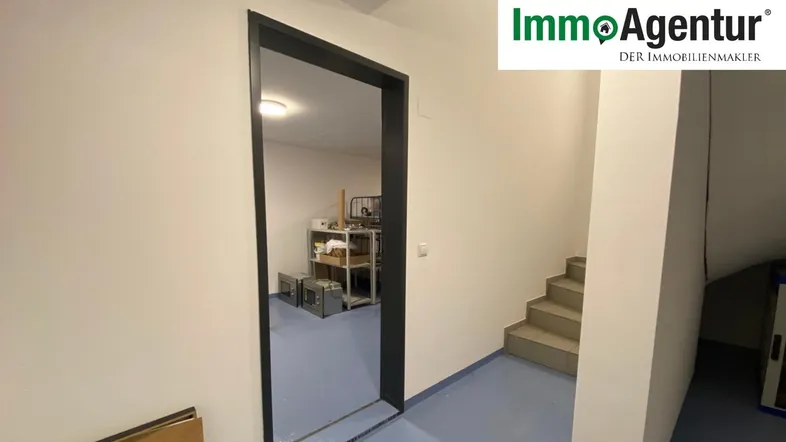 Heller Flur mit Treppenaufgang und Zugang zu einem Lagerraum mit blauem Vinylboden.