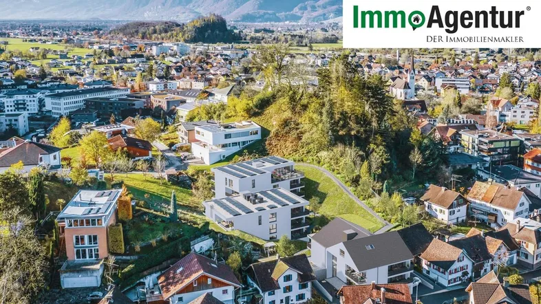 Luftaufnahme einer Wohngegend mit modernen Gebäuden und beeindruckendem Alpenpanorama im Hintergrund.