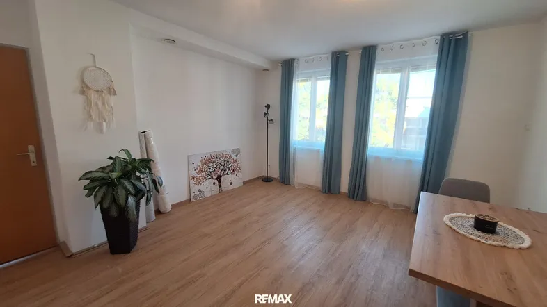 Helles Wohnzimmer mit Laminatboden, großen Fenstern und schlichtem Dekor.