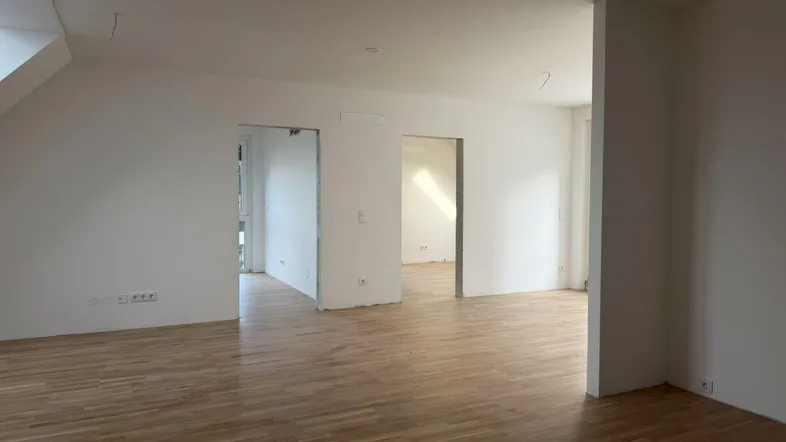 Helles, unfurniertes Zimmer mit Parkettboden und Zugang zu weiteren Räumen in einem Neubau.