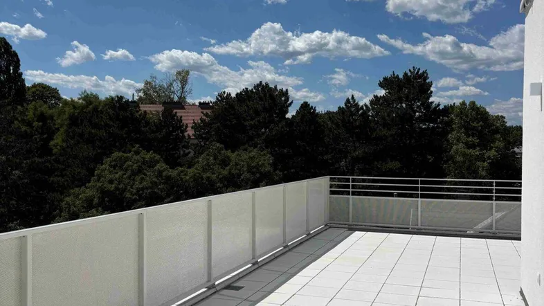 Geräumige, geflieste Dachterrasse mit weißem Geländer und weitem Blick ins Grüne.