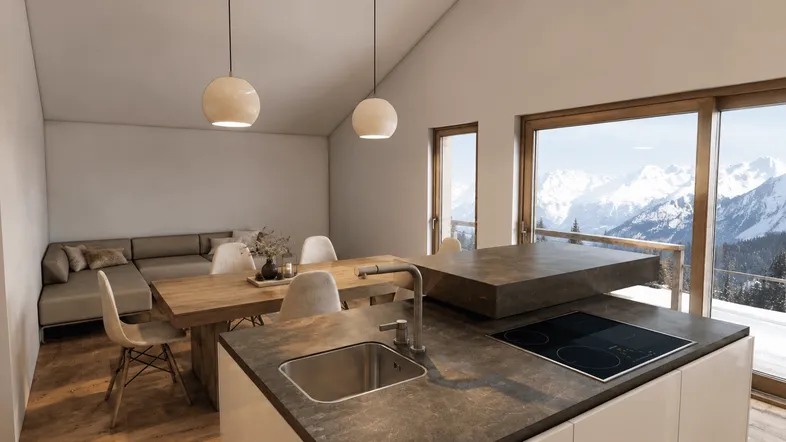 Moderner offener Wohn-Essbereich mit integrierter Küche und beeindruckendem Bergblick durch große Fenster.